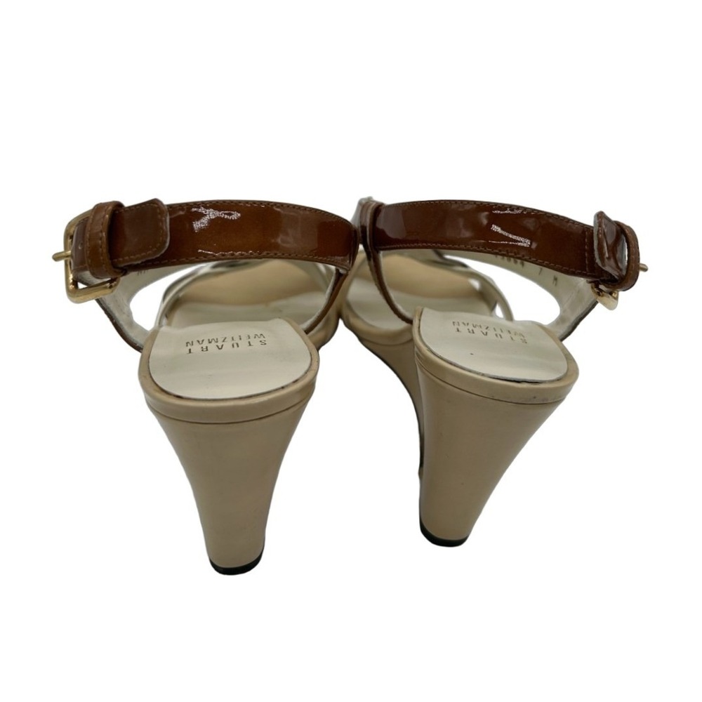 Stuart Weitzman Wedge Sandals Women's Size 7M‎ Tan Patent Leather Strappy - Picture 3 of 6
